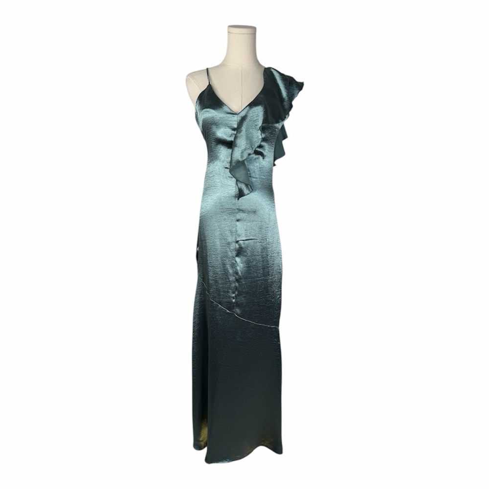Lulumari Ruffle Detail Asymmetric Maxi Bridesmaid Dress in Green Small